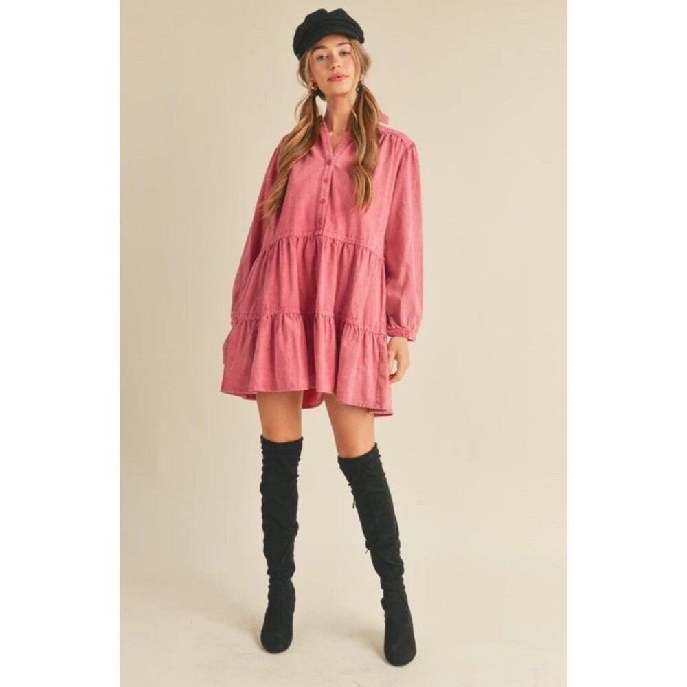 Heyson S Mini Dress Corduroy Shirt Popover Babydoll Long Sleeve Tiered Cord Red